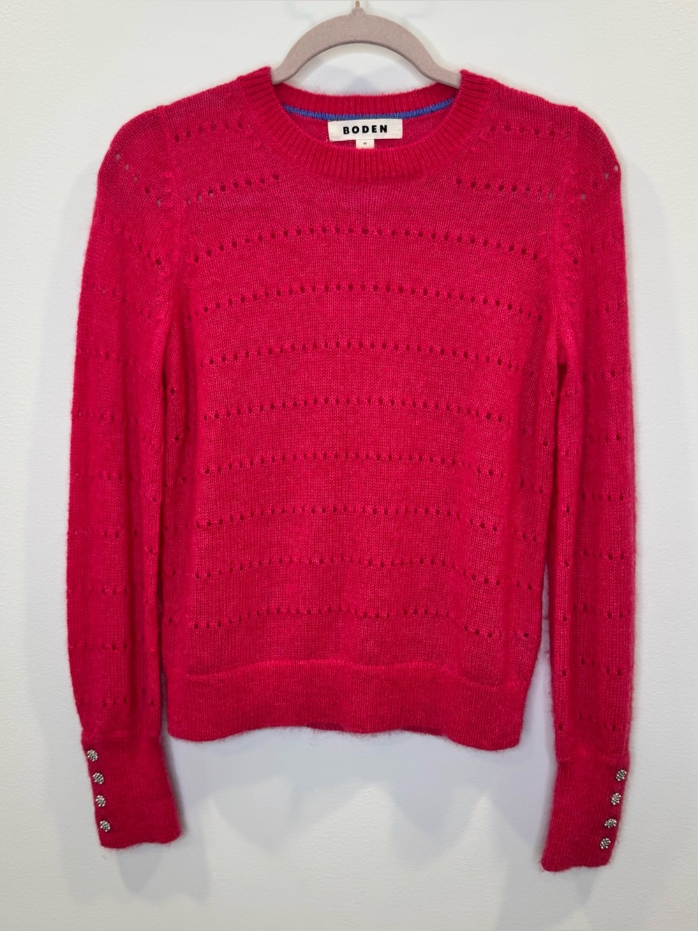 NWOT Boden Pink Mohair Wool Pointelle Sweater Pearl Cuff XS
